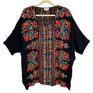 UMGEE Black Floral Embroidered Tunic Top Dolman Sleeve Relaxed Boho Artsy